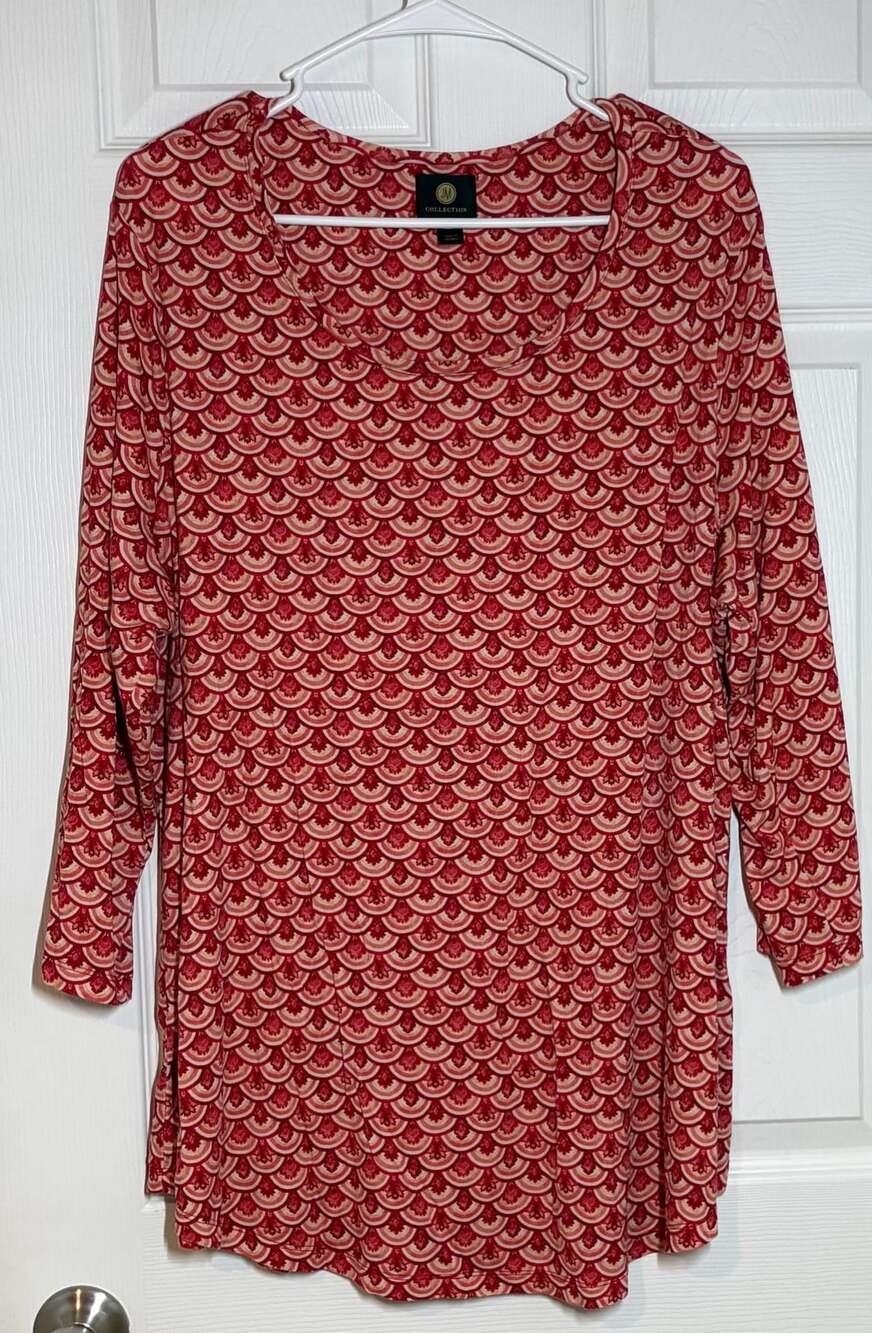JM Collection Red multi-color Scallop Print 3/4 Sleeve Tunic Dress 3X